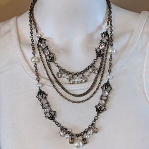 Vintage layered crystals, pearls & chain necklace
